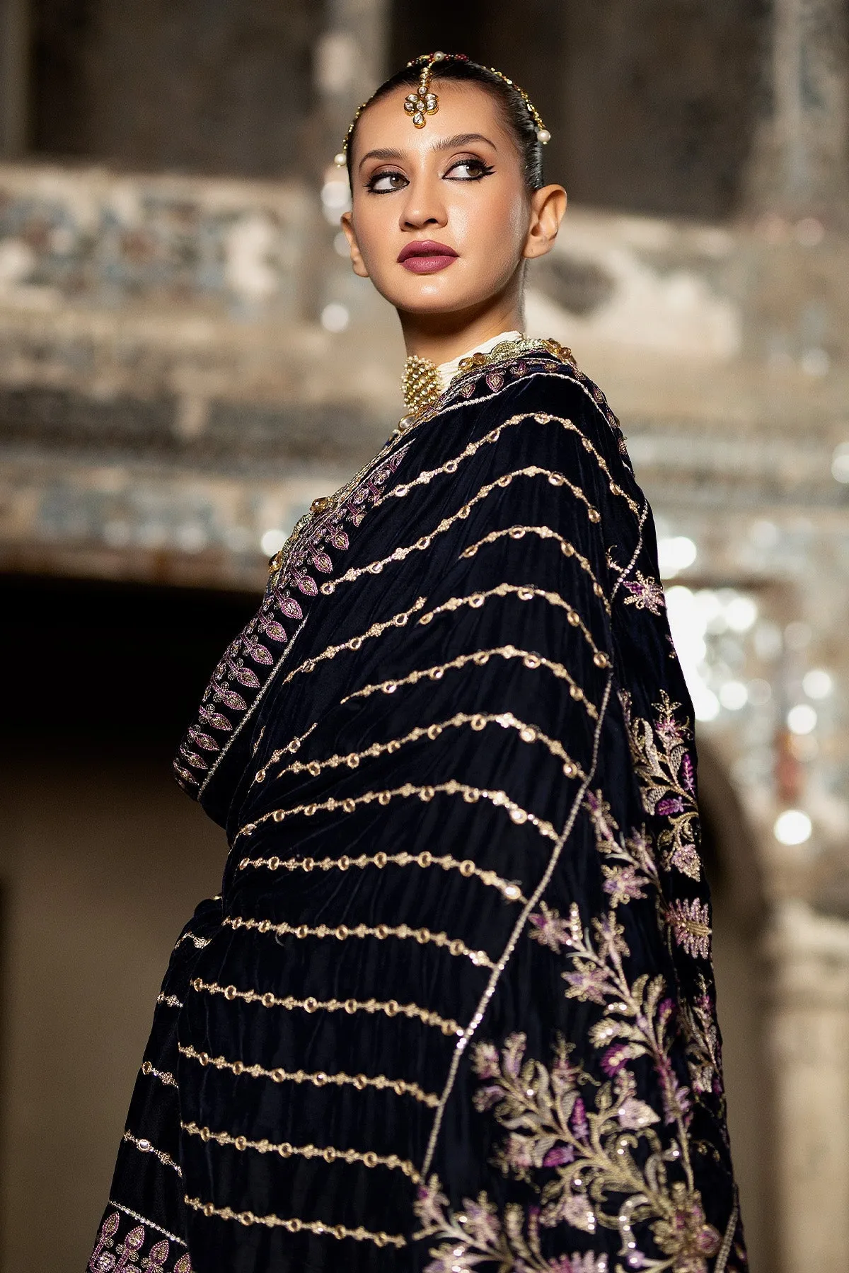 Luxury Dark Blue Embroidered Pakistani Wedding Dress in Long Frock Style