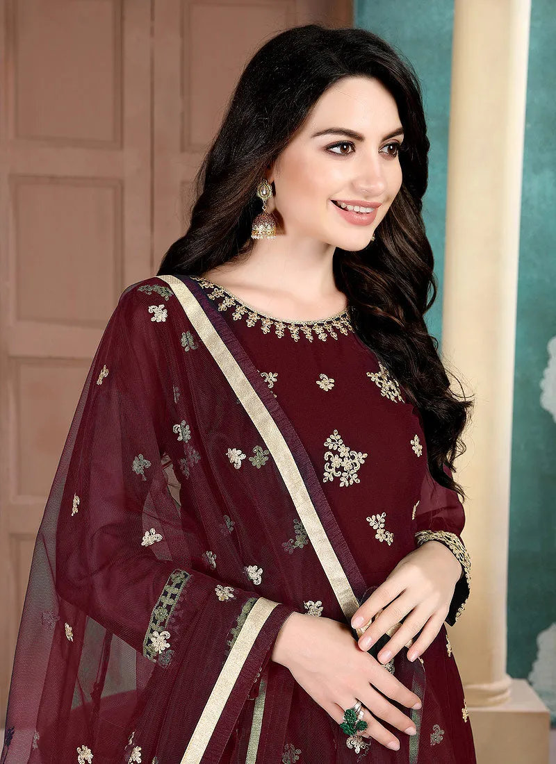 Maroon Golden Embroidered Anarkali Pant Suit