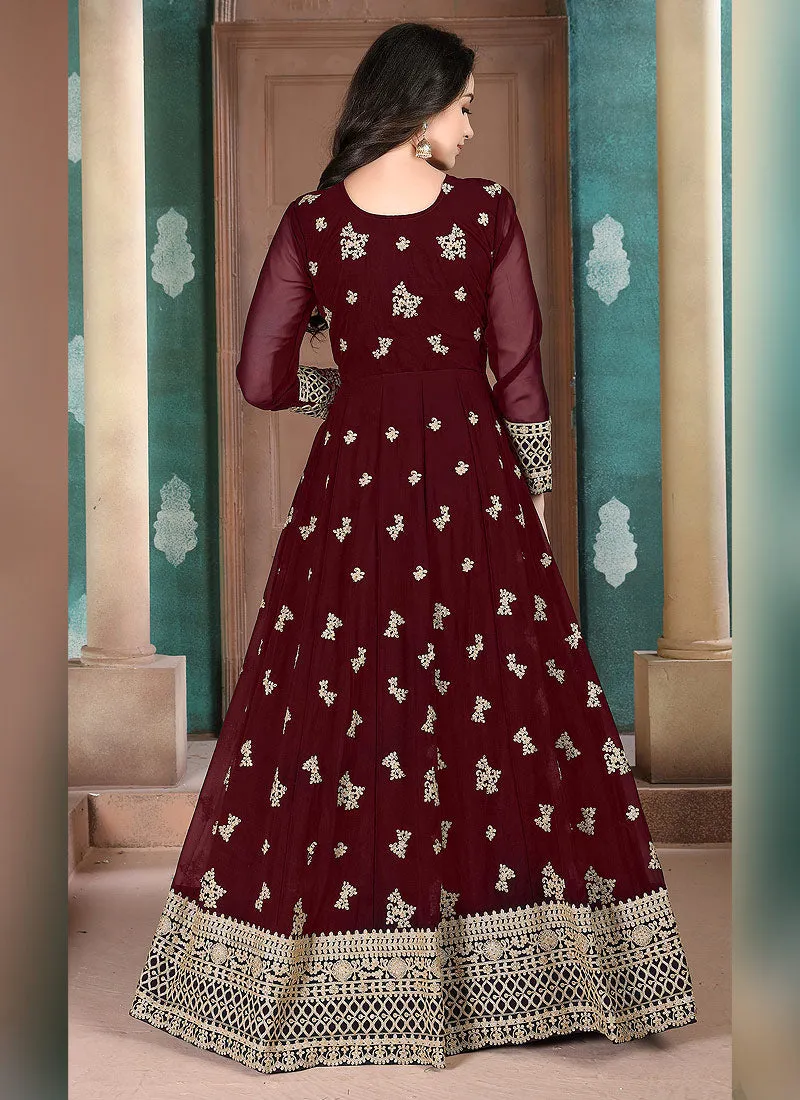 Maroon Golden Embroidered Anarkali Pant Suit