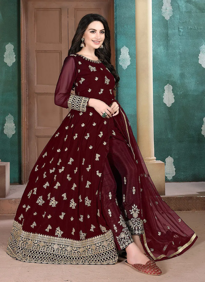 Maroon Golden Embroidered Anarkali Pant Suit