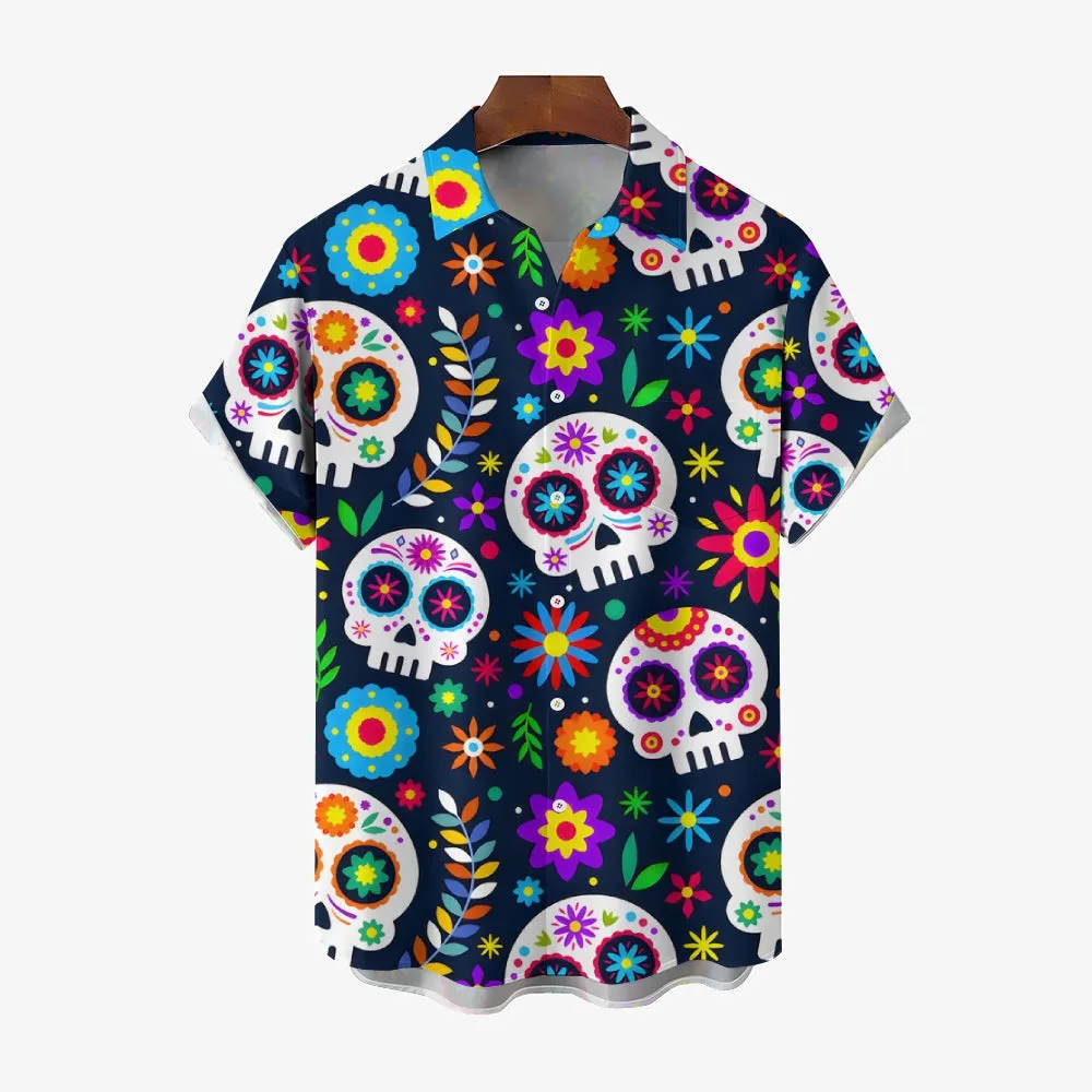 Men's Day of the Dead Skull Casual Short Sleeve Shirt 2311000262