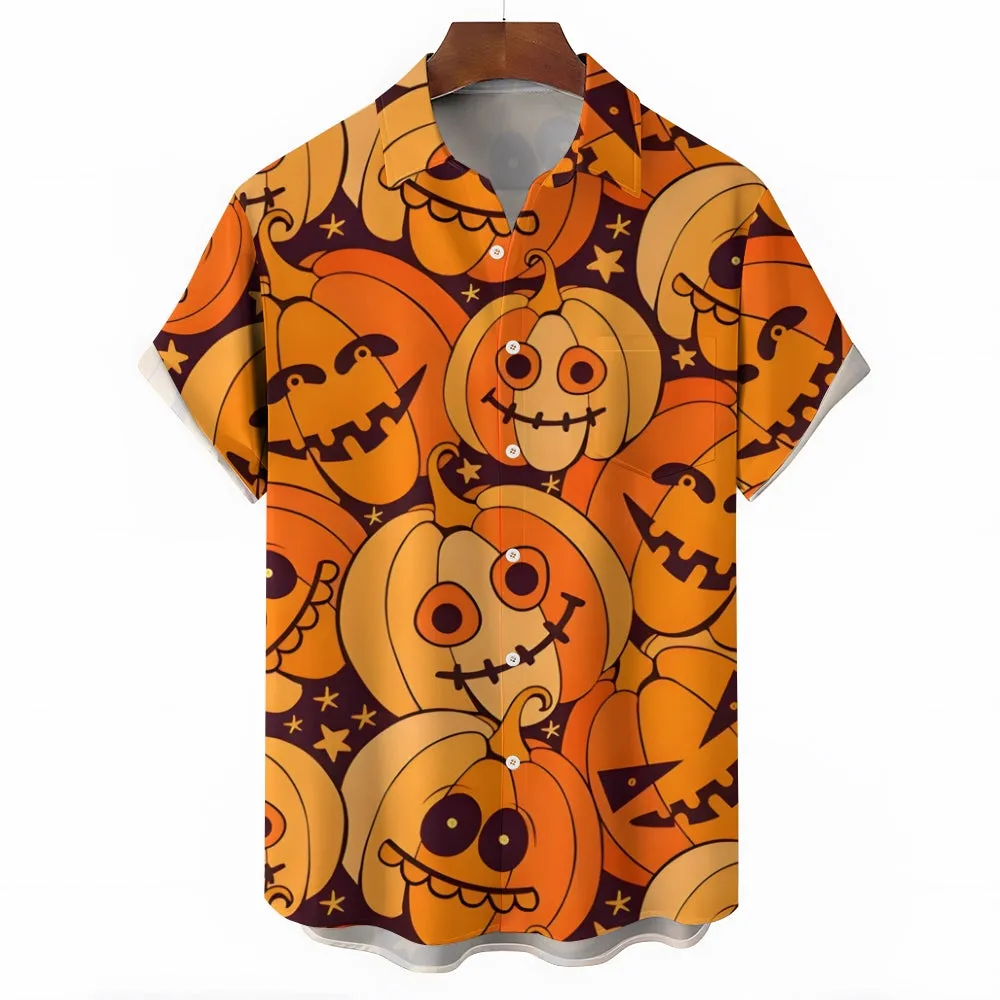 Men's Halloween Pumpkin Print Casual Fashion Short Sleeve Shirt 2307101457
