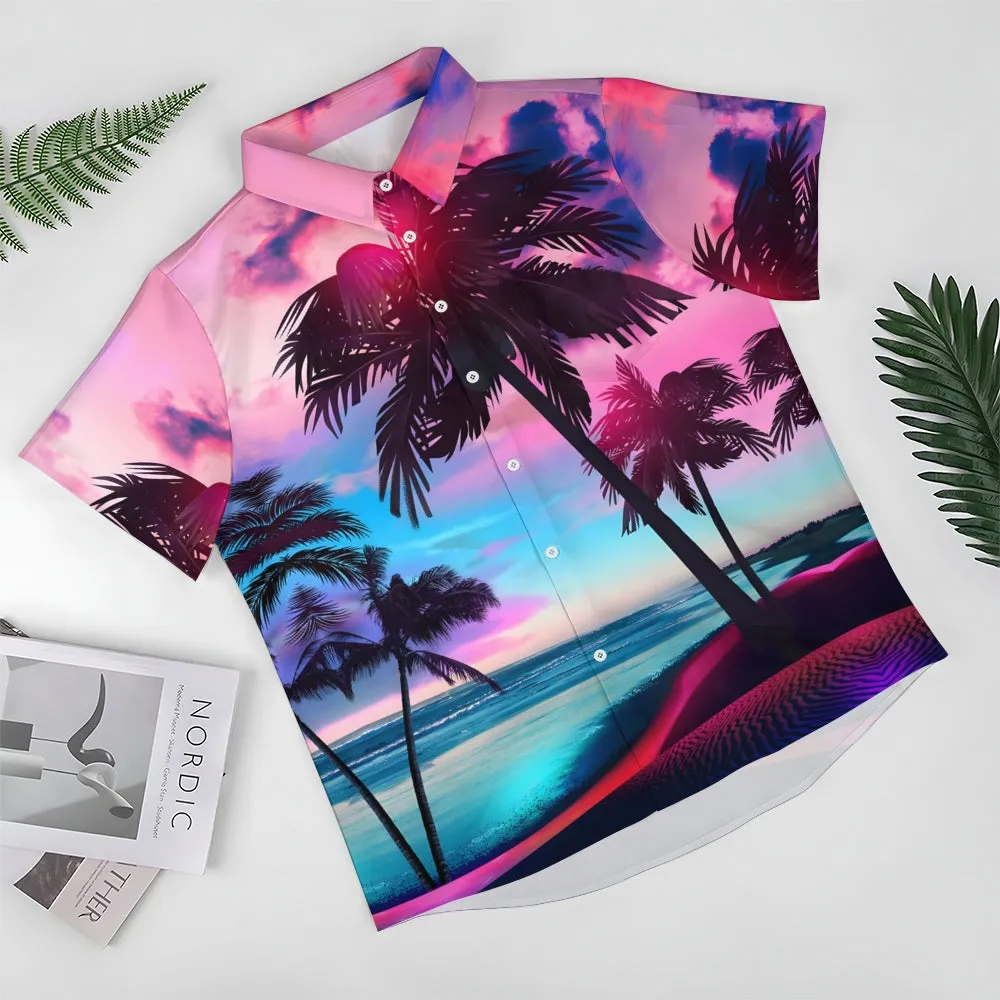 Men's Hawaiian Coconut Tree Print Large Bamboo Linen Short Sleeve Shirt 2406000087