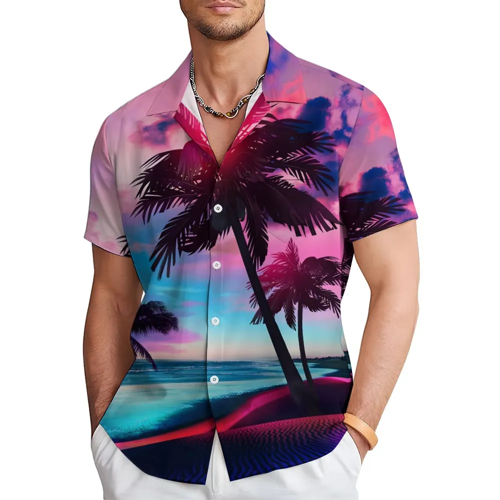 Men's Hawaiian Coconut Tree Print Large Bamboo Linen Short Sleeve Shirt 2406000087