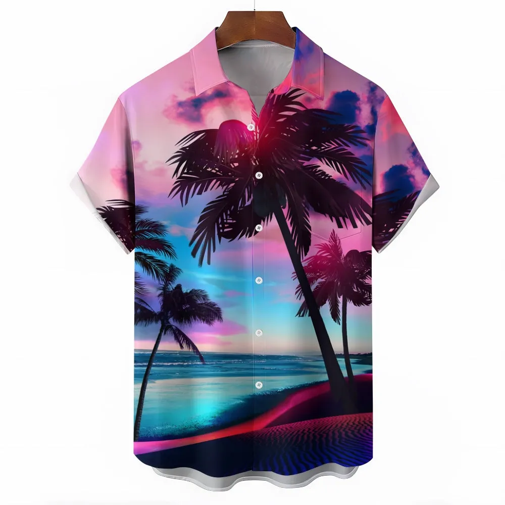 Men's Hawaiian Coconut Tree Print Large Bamboo Linen Short Sleeve Shirt 2406000087