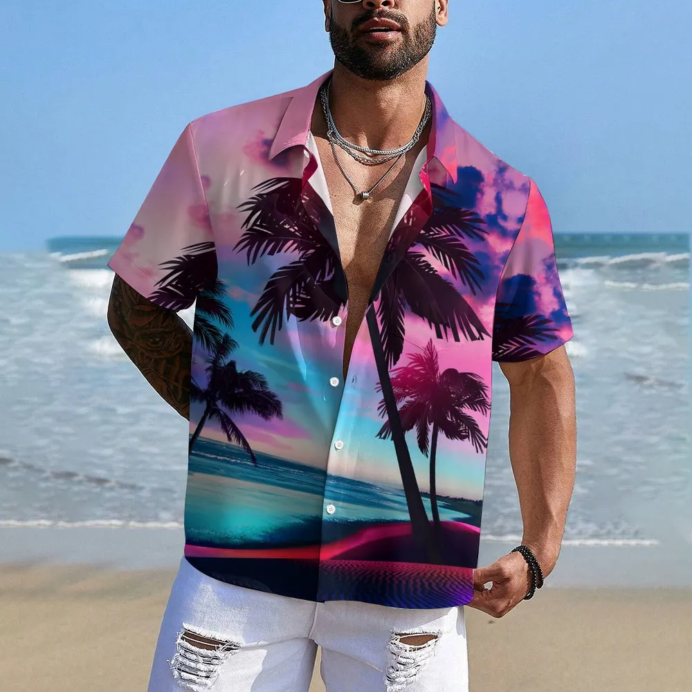 Men's Hawaiian Coconut Tree Print Large Bamboo Linen Short Sleeve Shirt 2406000087