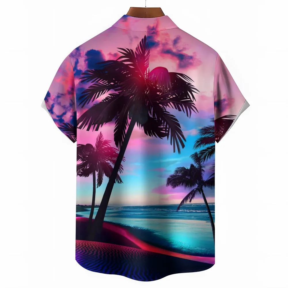 Men's Hawaiian Coconut Tree Print Large Bamboo Linen Short Sleeve Shirt 2406000087