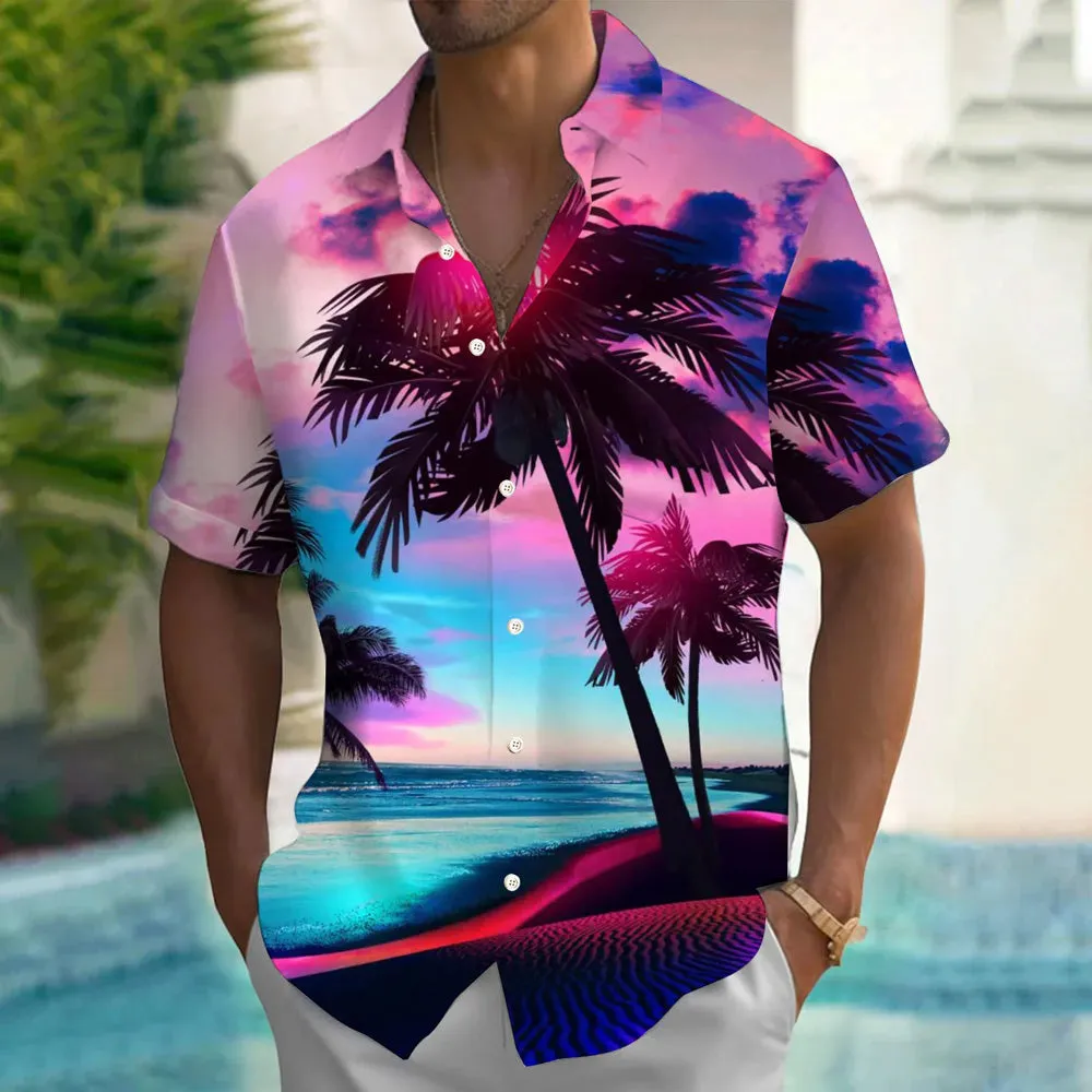 Men's Hawaiian Coconut Tree Print Large Bamboo Linen Short Sleeve Shirt 2406000087