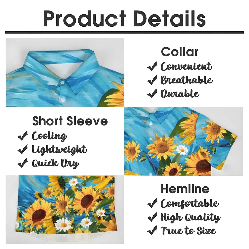 Men's Sunflower Floral Blue Short Sleeve Shirt 2305101773