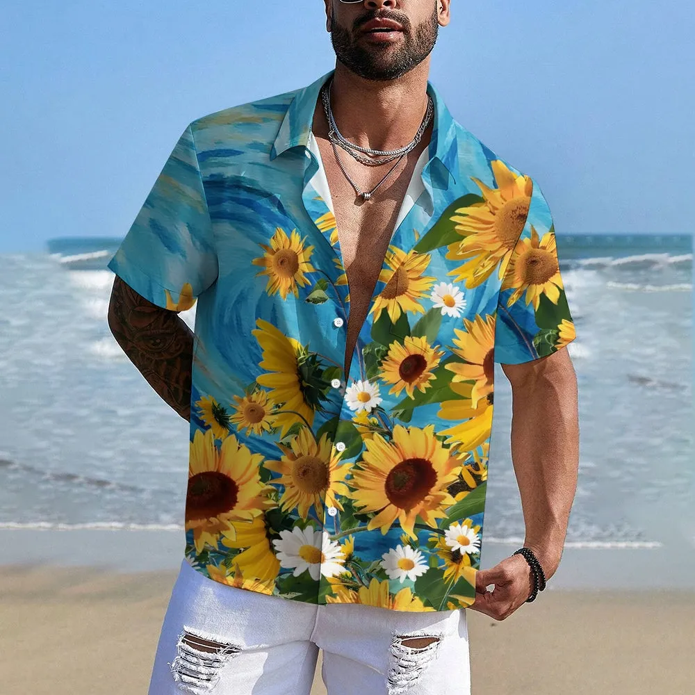 Men's Sunflower Floral Blue Short Sleeve Shirt 2305101773