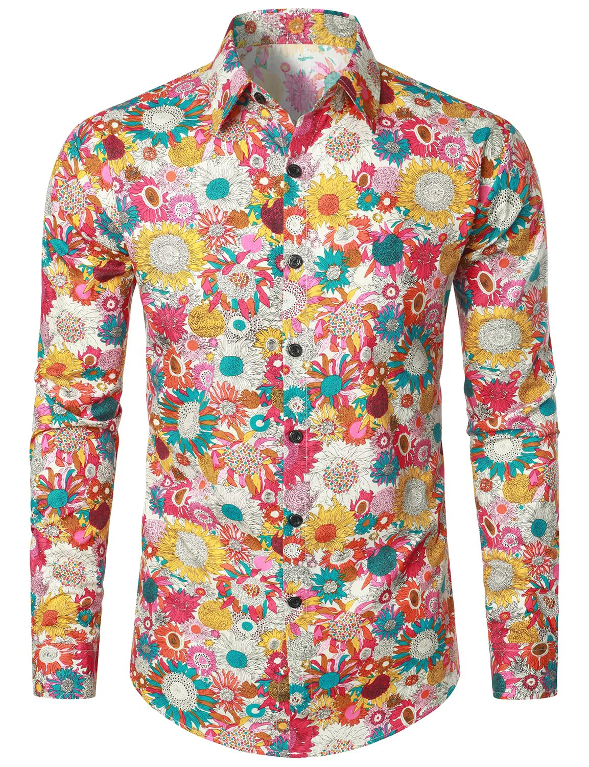 Men's Vintage Floral Print Cotton Flower Button Up 70s Long Sleeve Dress Shirt