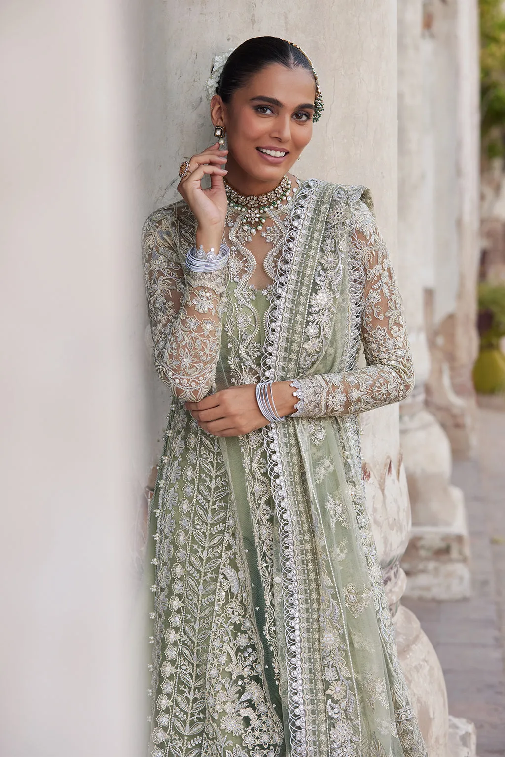 Mint Green Embroidered Pakistani Wedding Dress in Gown Gharara Style