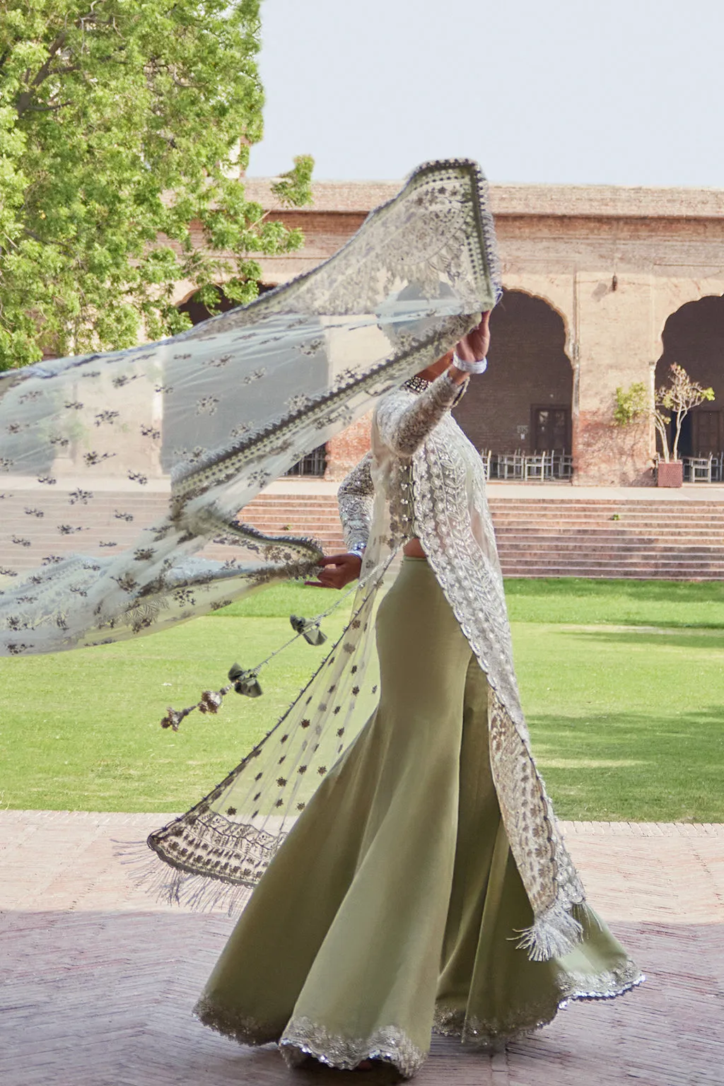 Mint Green Embroidered Pakistani Wedding Dress in Gown Gharara Style