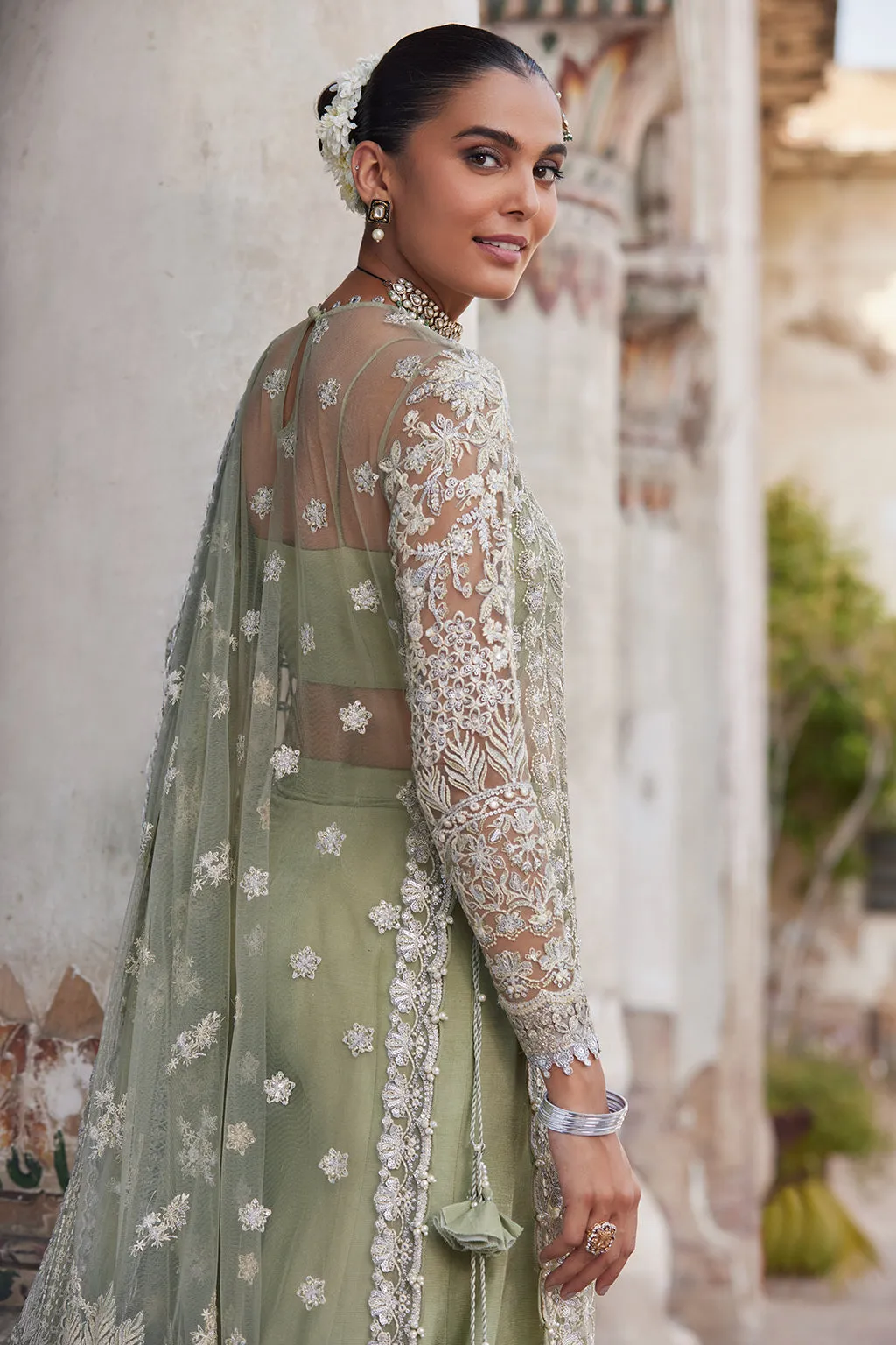 Mint Green Embroidered Pakistani Wedding Dress in Gown Gharara Style