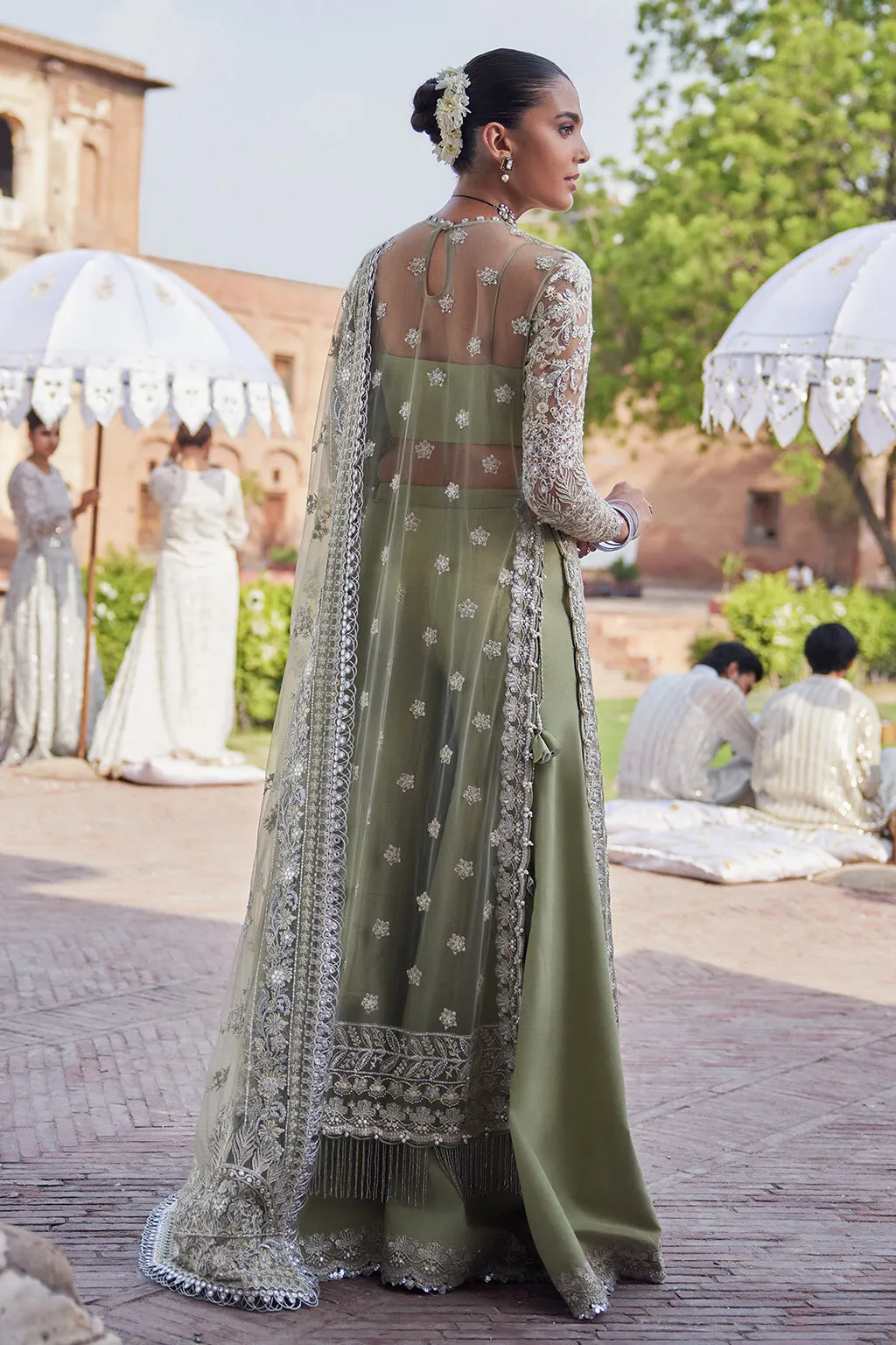 Mint Green Embroidered Pakistani Wedding Dress in Gown Gharara Style