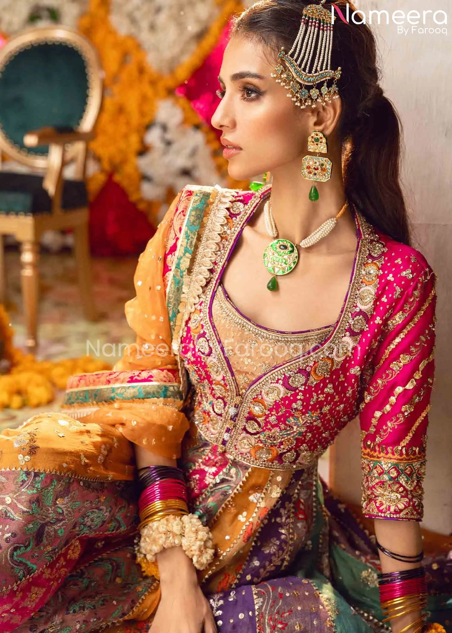 Multi-Color Mehndi Dress in Traditional Pishwas #BS619
