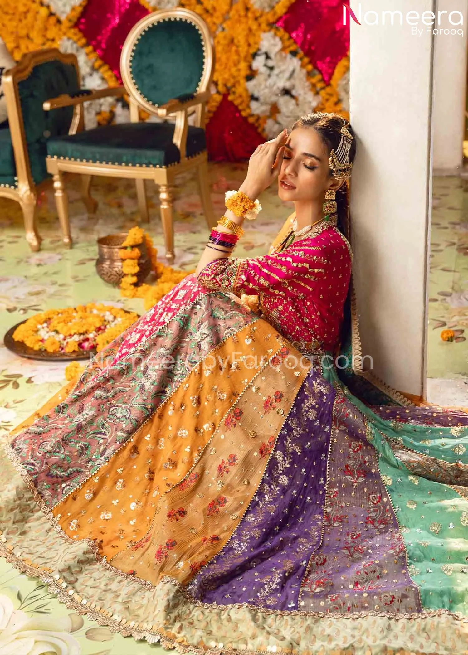Multi-Color Mehndi Dress in Traditional Pishwas #BS619