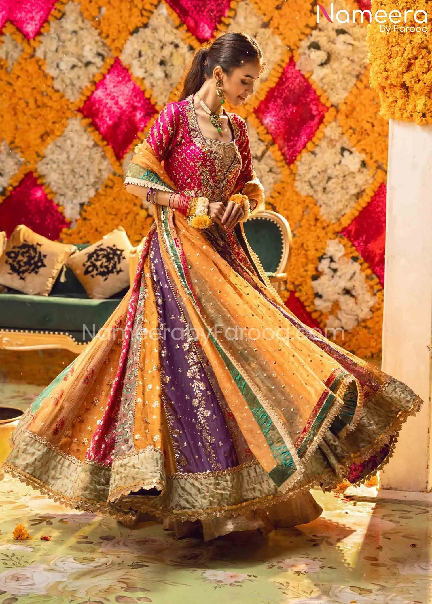 Multi-Color Mehndi Dress in Traditional Pishwas #BS619