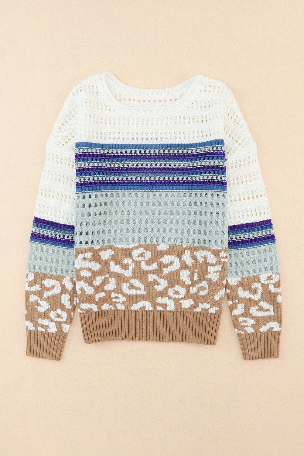 Multicolor Leopard Striped Mix Pattern Knit Crochet Sweater