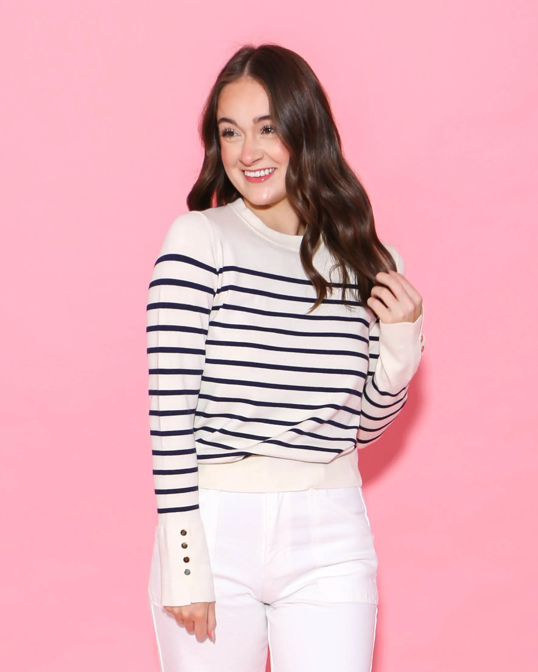 Navy Striped Long Sleeve with Button Detail
