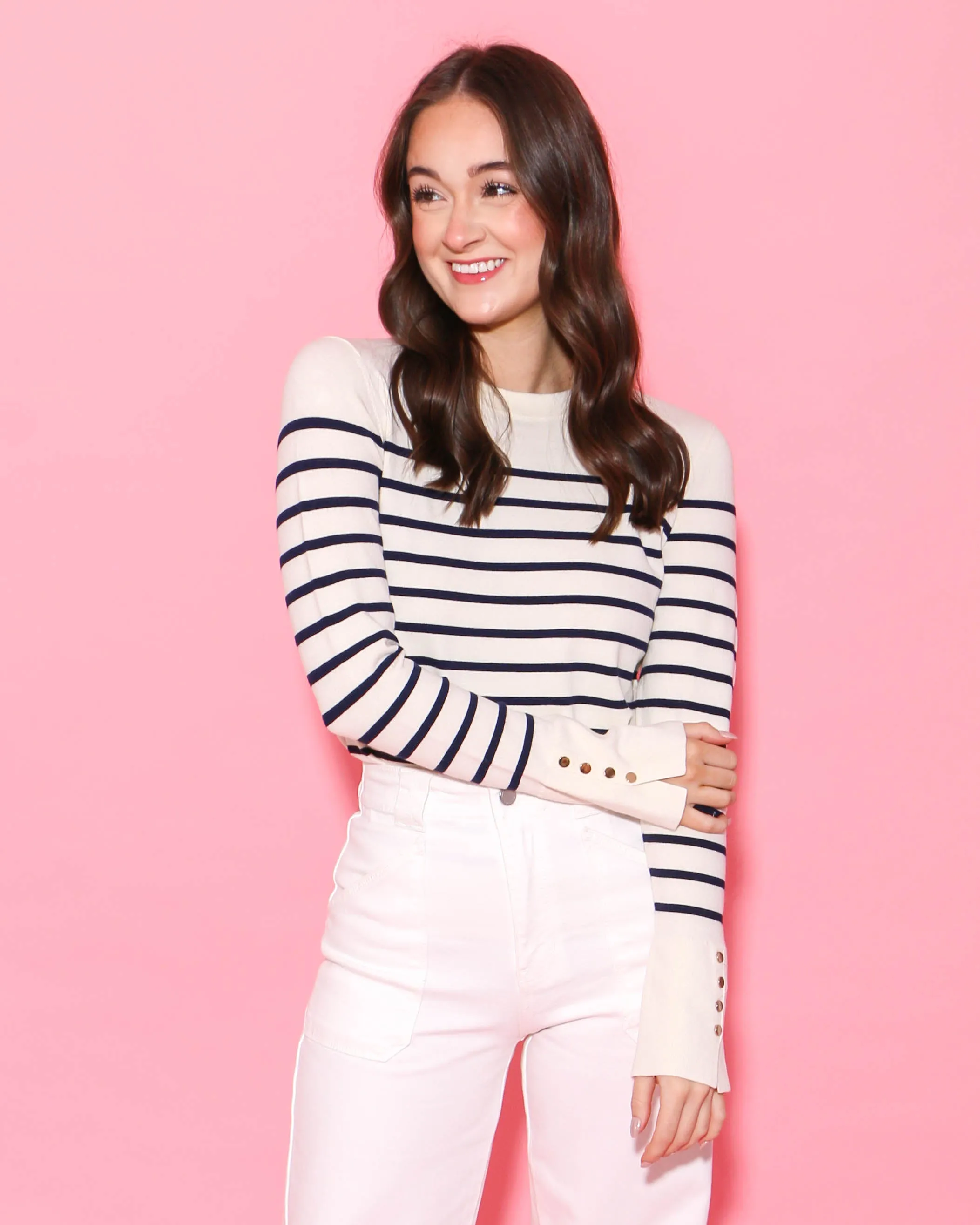 Navy Striped Long Sleeve with Button Detail
