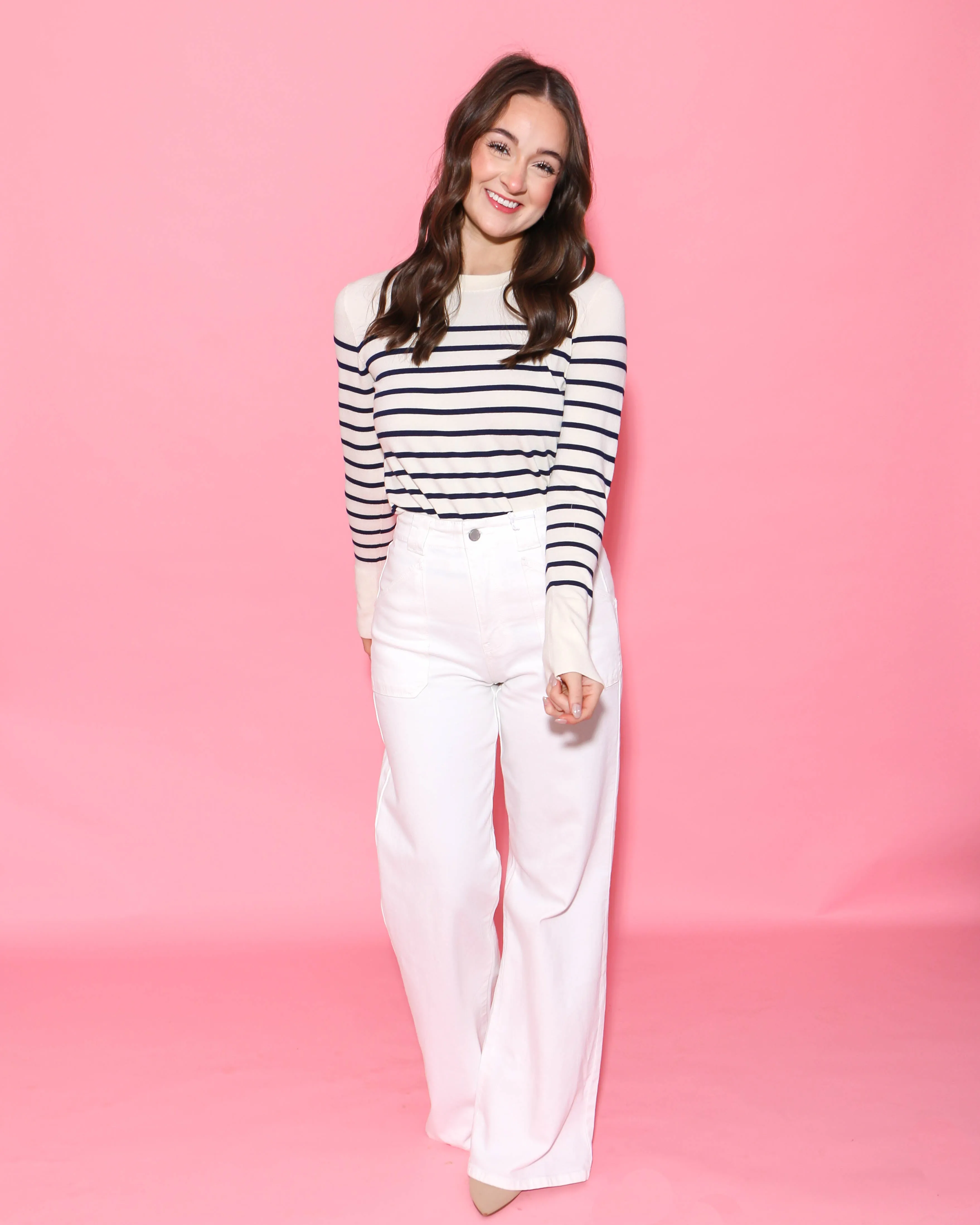 Navy Striped Long Sleeve with Button Detail