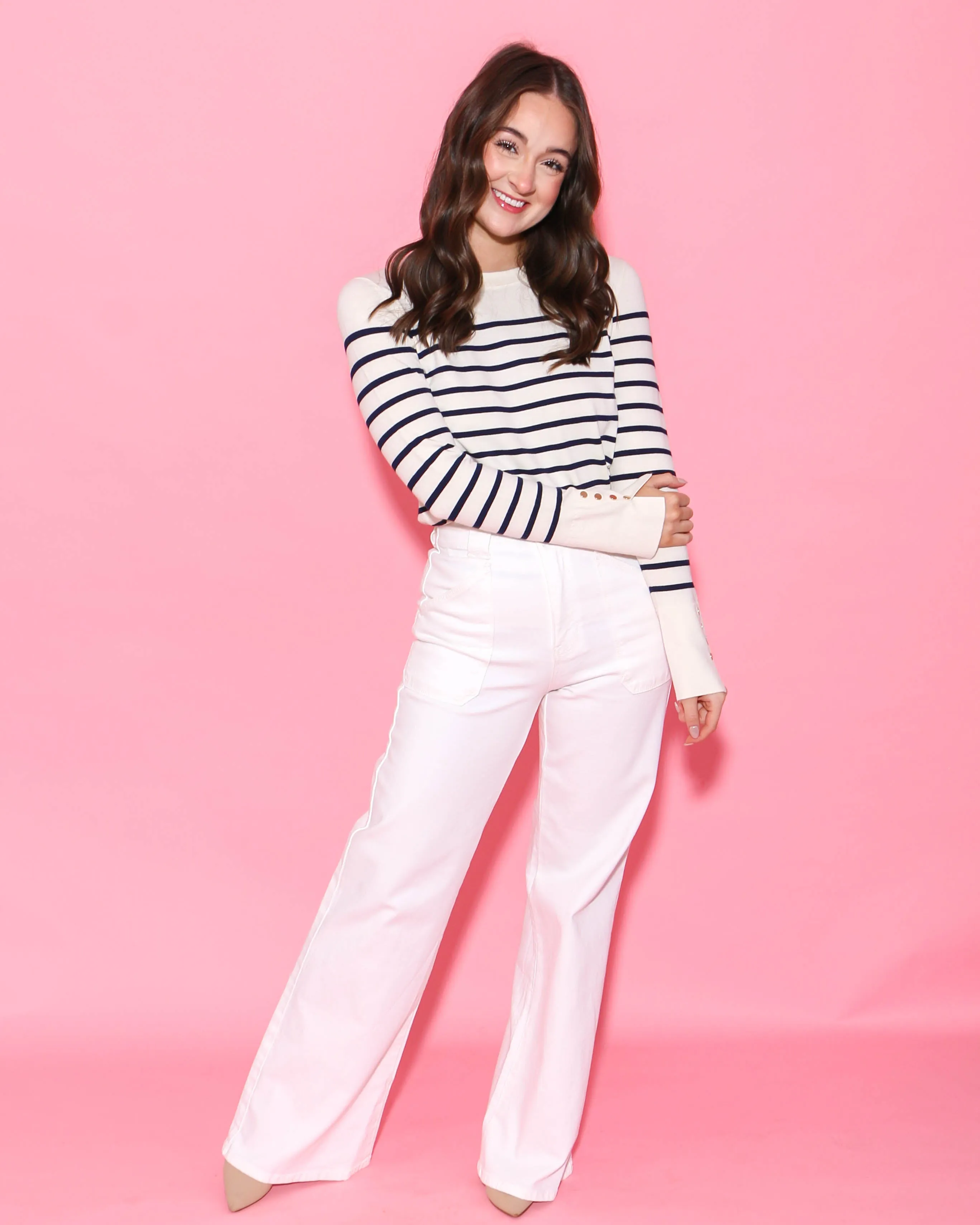 Navy Striped Long Sleeve with Button Detail