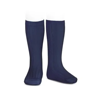 Navy Wide Ribbed Knee High Socks