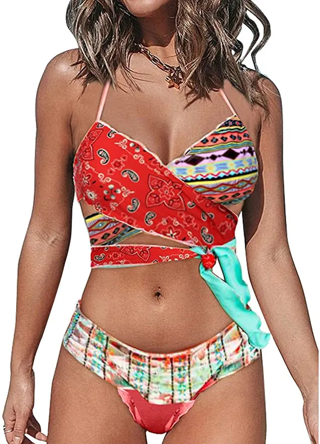 New Bsubseach Sexy Lace Up Bikini Sets Bohemian Tropical Print 2 Piece, Sz M!