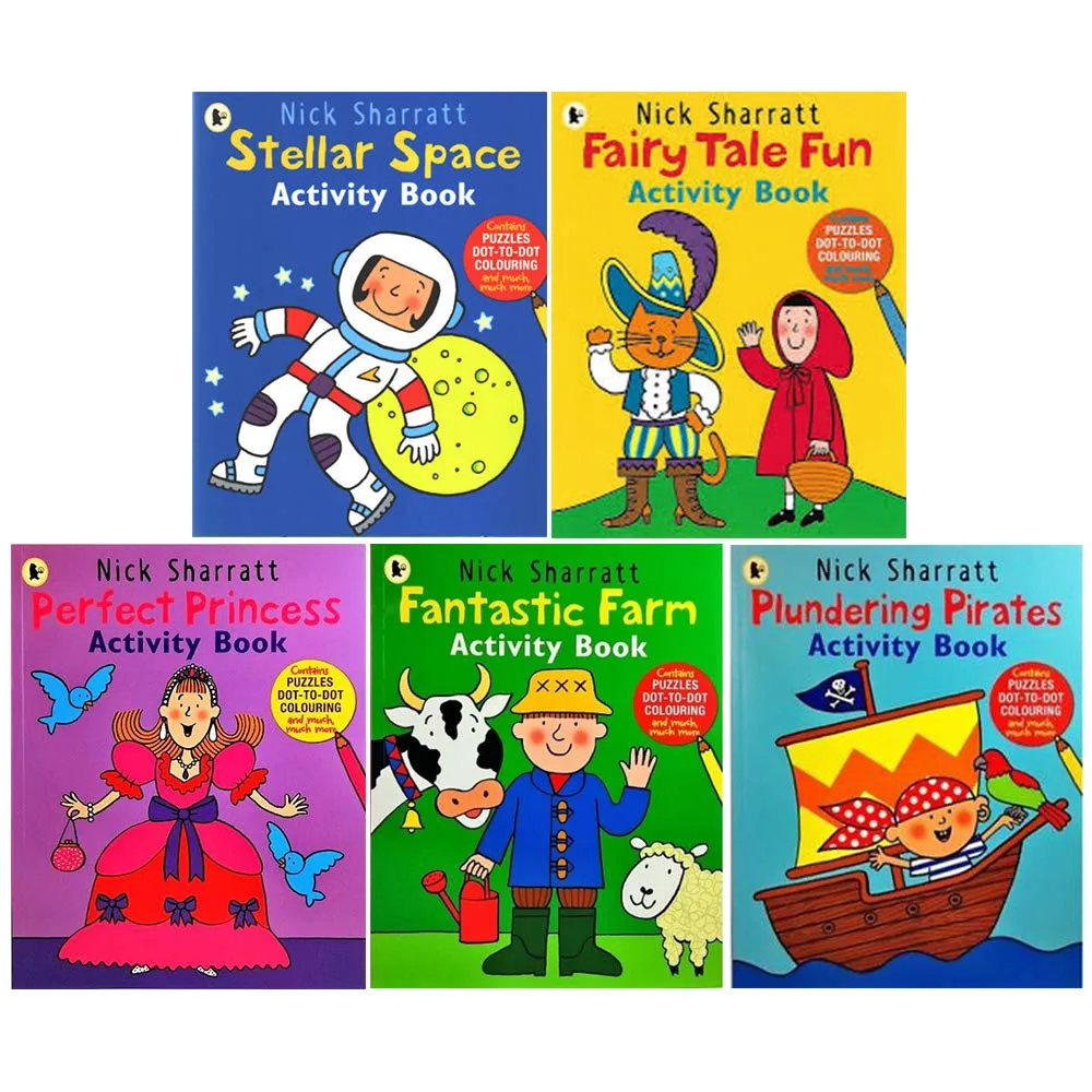 Nick Sharratt Activity 5 Books Collection Set Contains Puzzles Dot-To-Dot Colouring (Stellar Space, Fairy Tale Fun, Fantastic Farm)