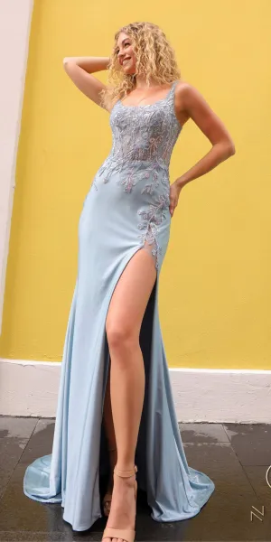 Nox Anabel G1365 Long Scoop Neck Fitted Embroidered Bodice Satin Gown