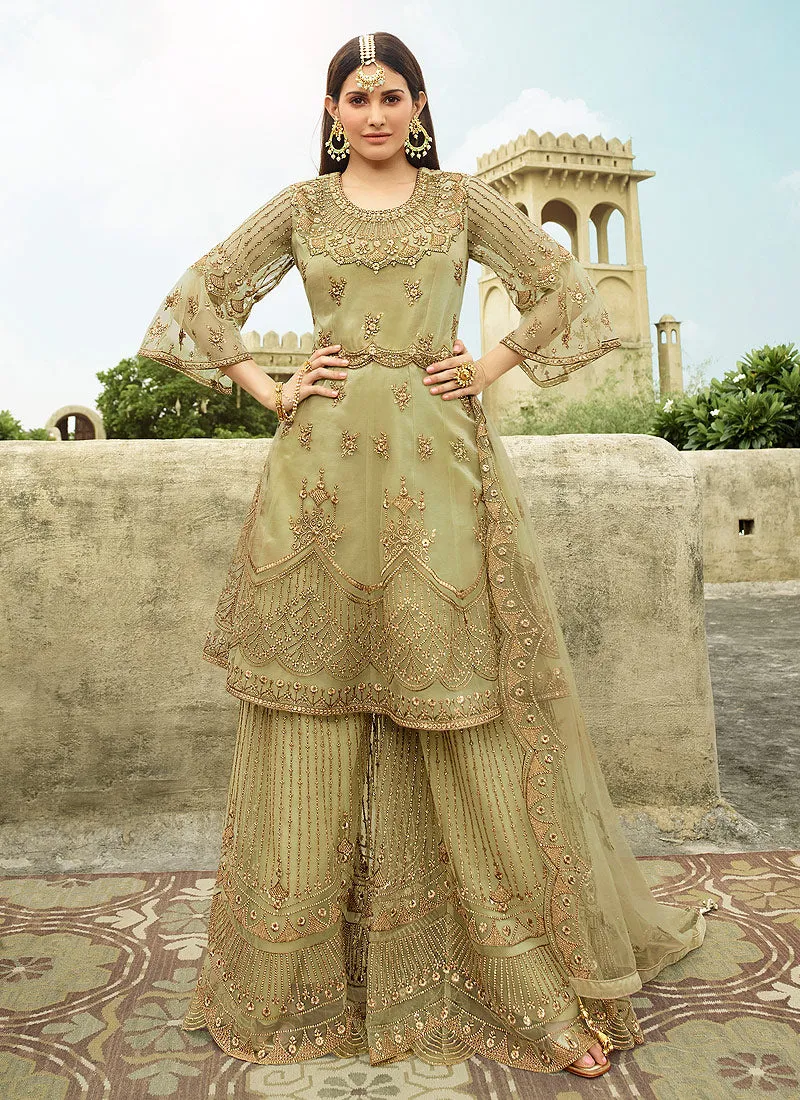 Olive Green Anarkali Palazzo Suit