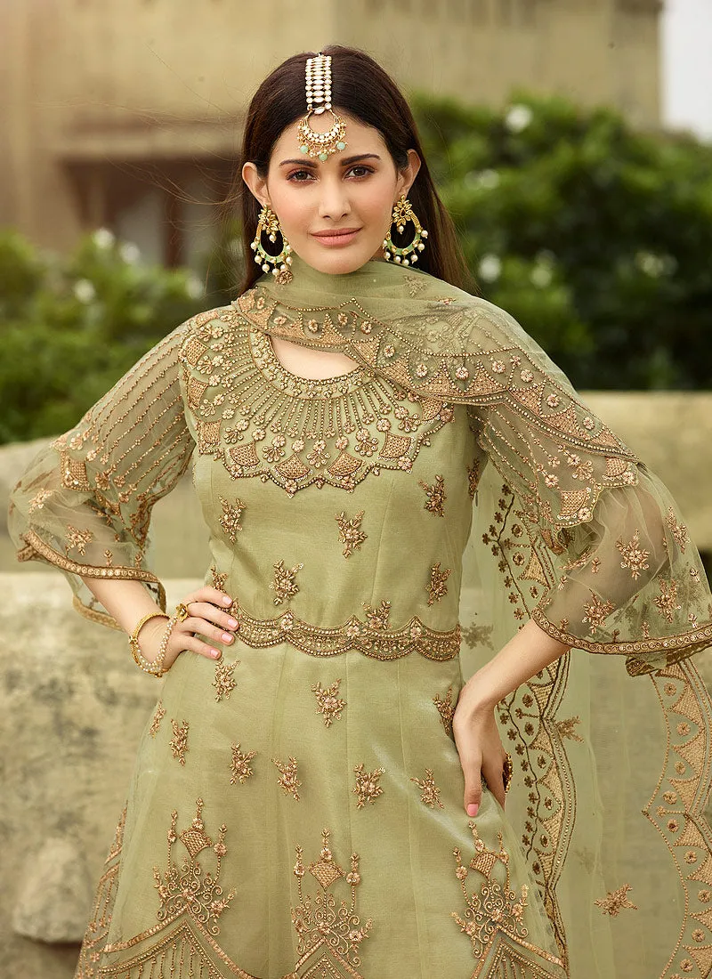 Olive Green Anarkali Palazzo Suit