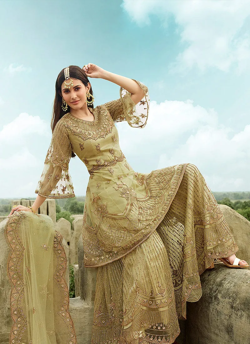 Olive Green Anarkali Palazzo Suit