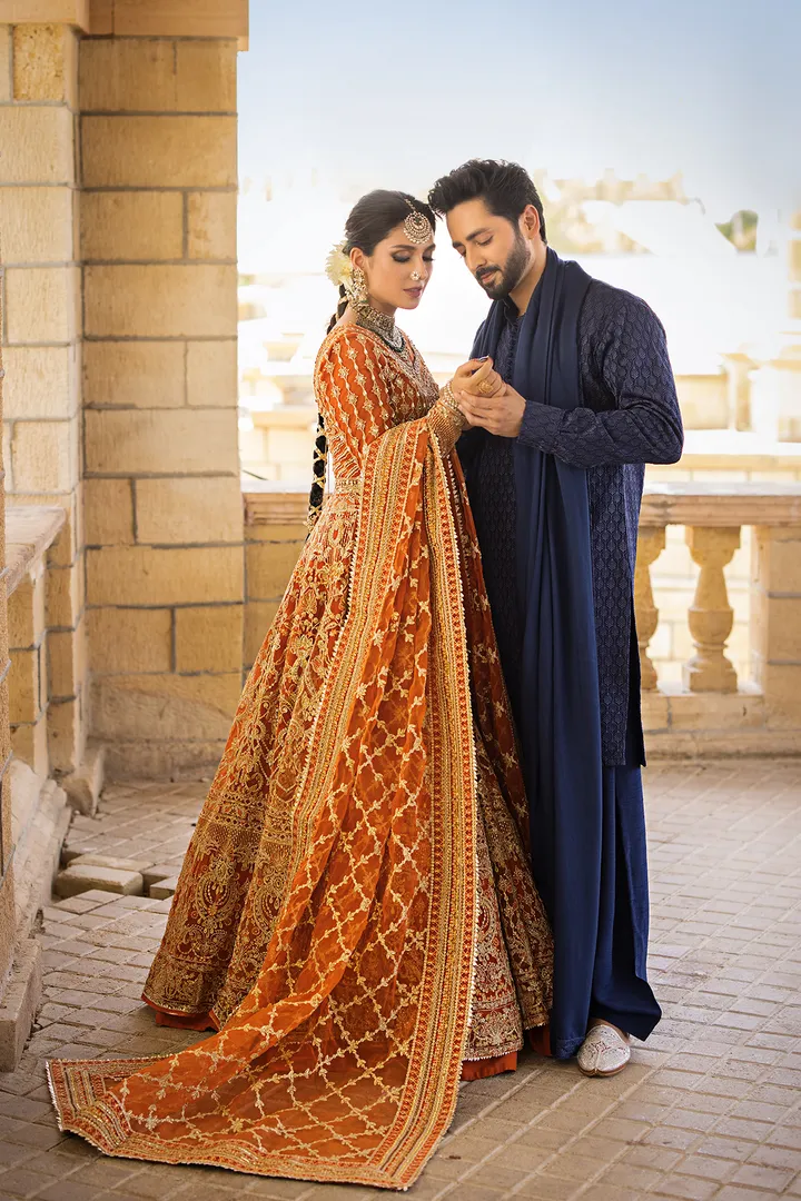 Orange Lehenga Choli and Dupatta Pakistani Bridal Dress