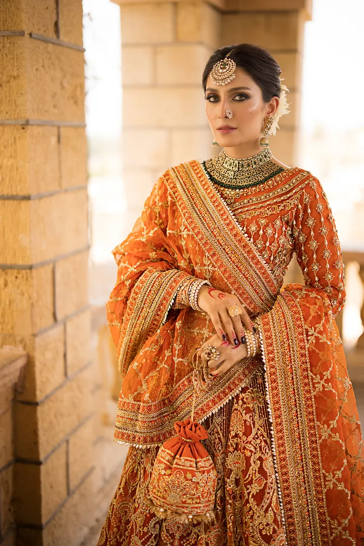 Orange Lehenga Choli and Dupatta Pakistani Bridal Dress
