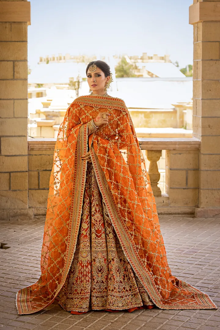 Orange Lehenga Choli and Dupatta Pakistani Bridal Dress