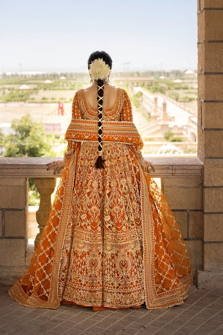 Orange Lehenga Choli and Dupatta Pakistani Bridal Dress