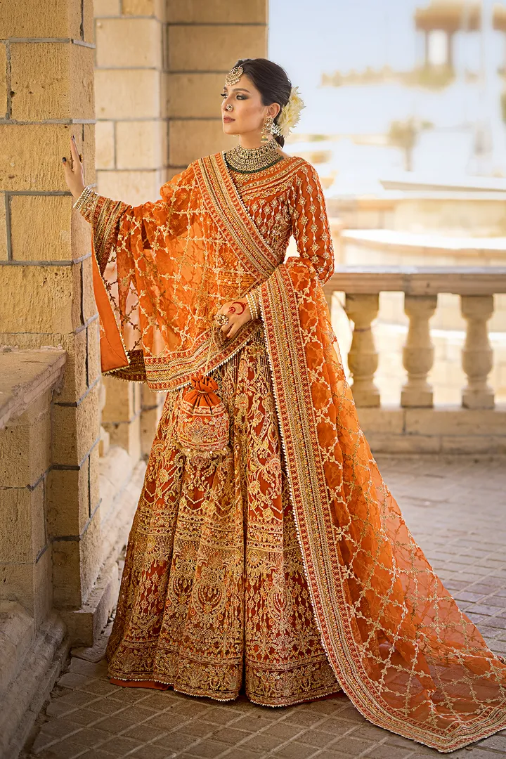 Orange Lehenga Choli and Dupatta Pakistani Bridal Dress