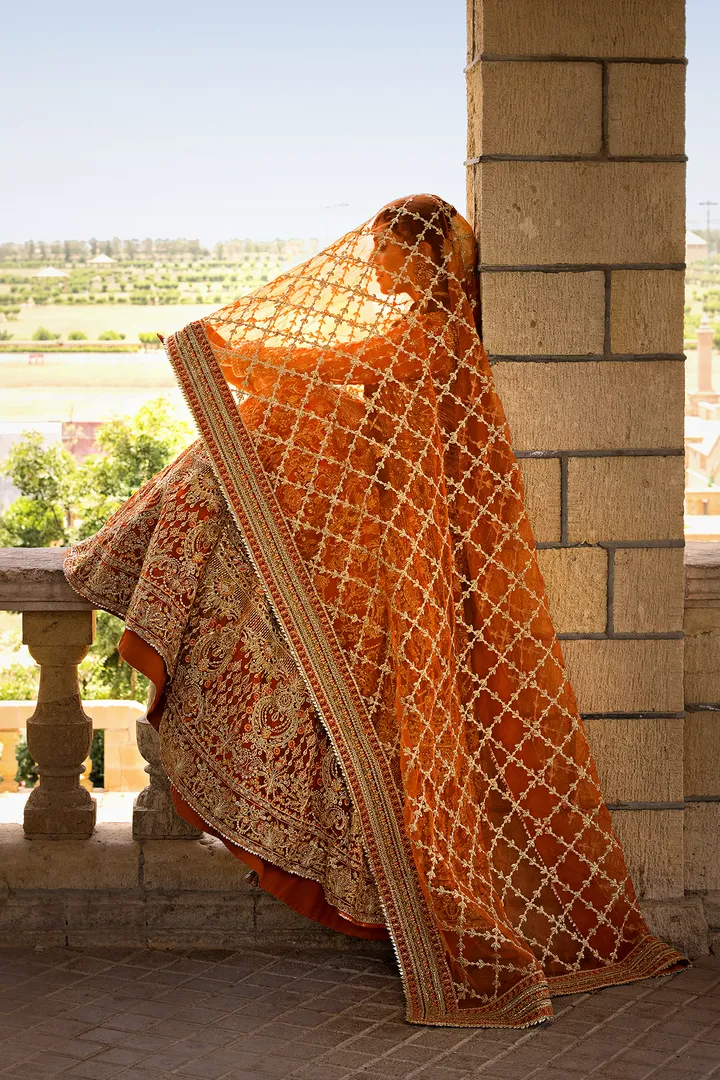 Orange Lehenga Choli and Dupatta Pakistani Bridal Dress