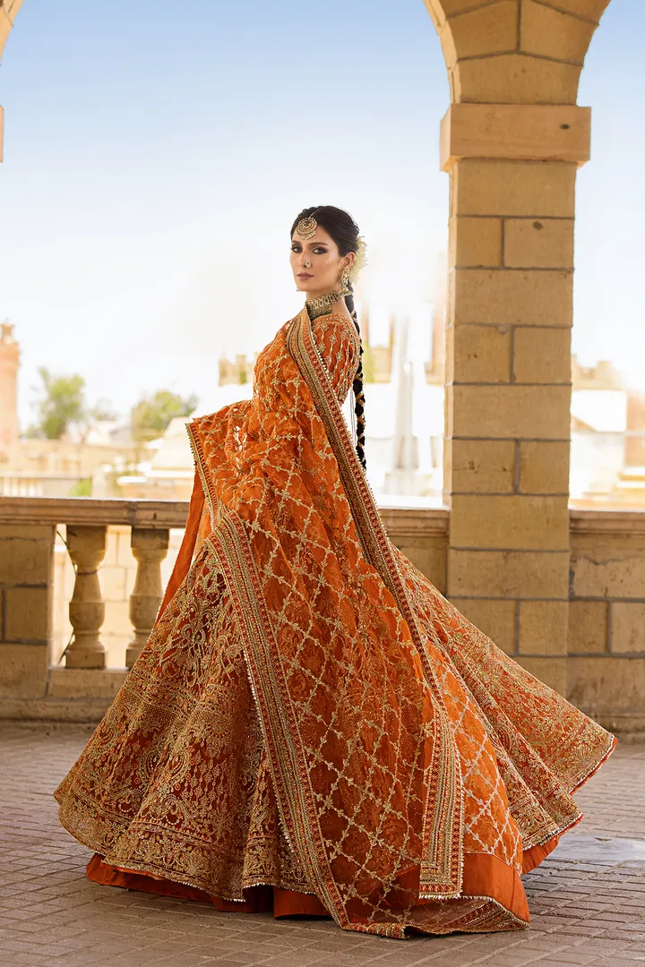 Orange Lehenga Choli and Dupatta Pakistani Bridal Dress