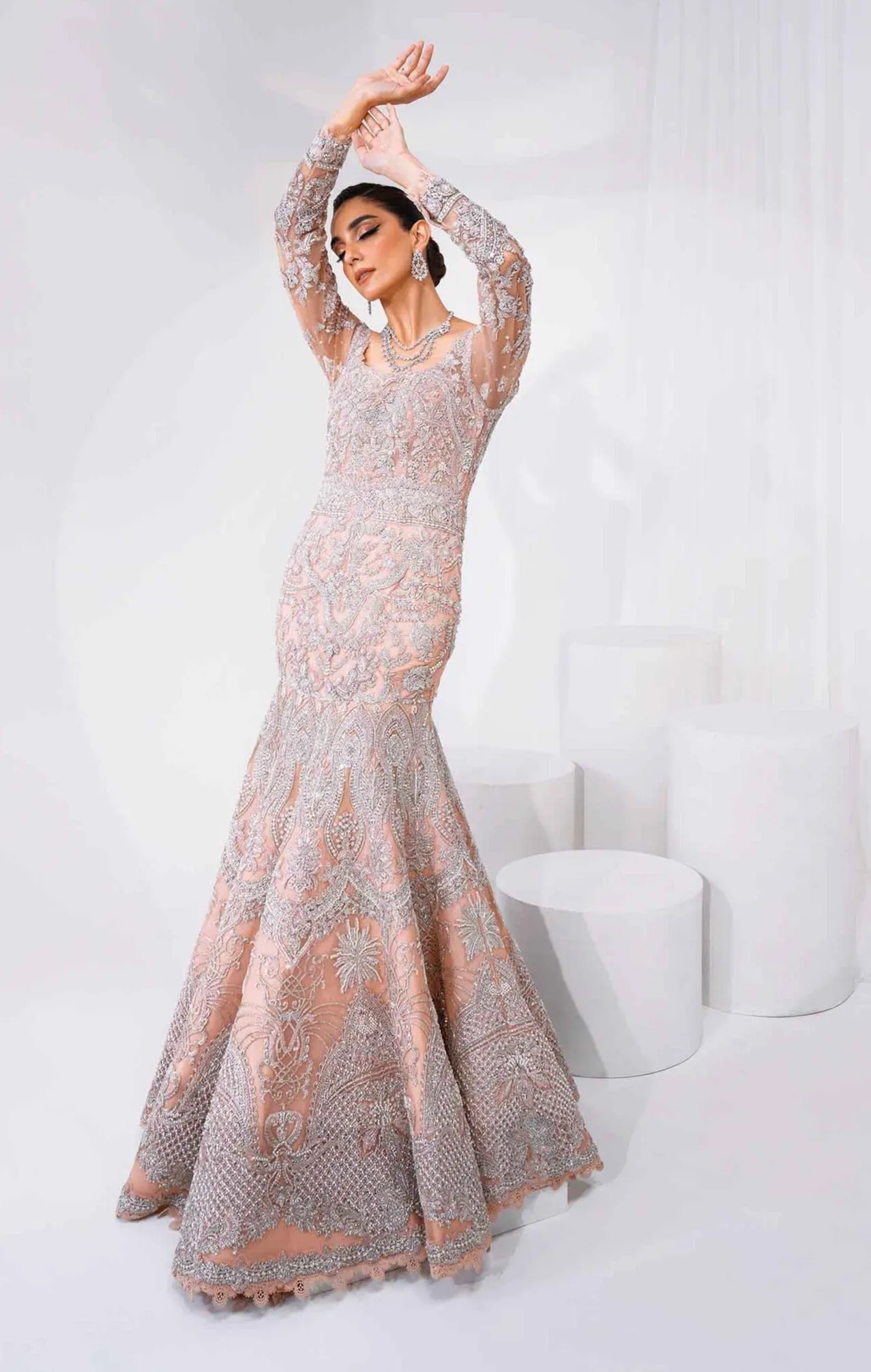Pakistani Bridal Dress in Pink Gown and Dupatta Style