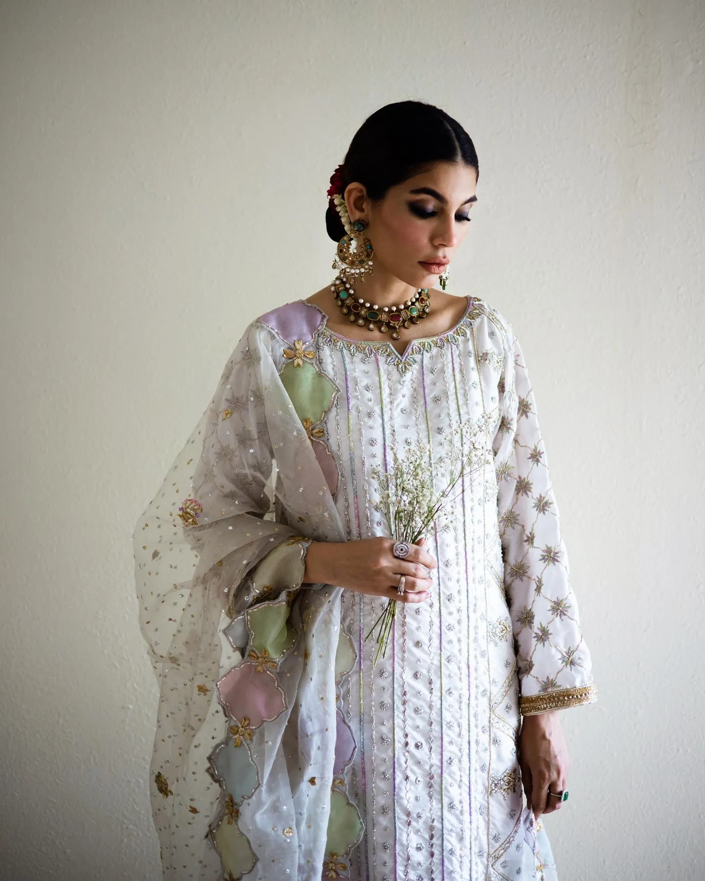 Pakistani Long Kameez with Trousers and Dupatta Dress