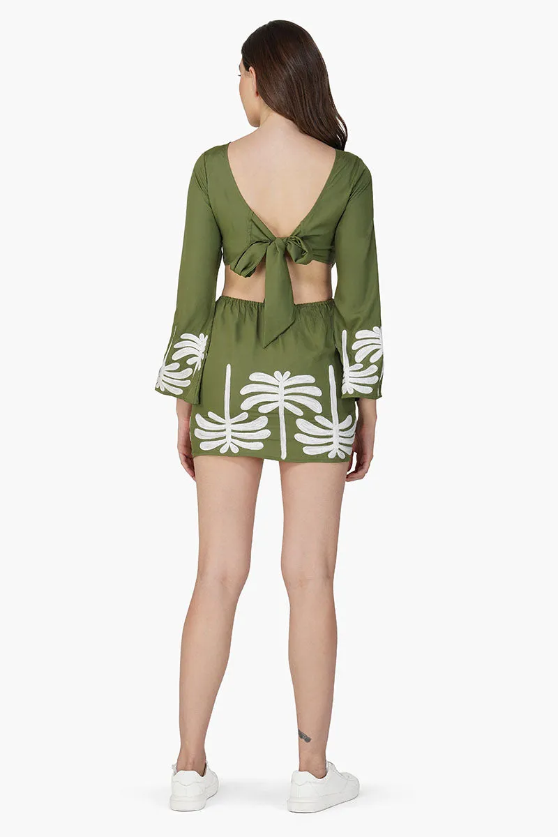 Palm Tree Embroidered Olive Dress