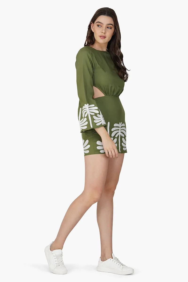 Palm Tree Embroidered Olive Dress