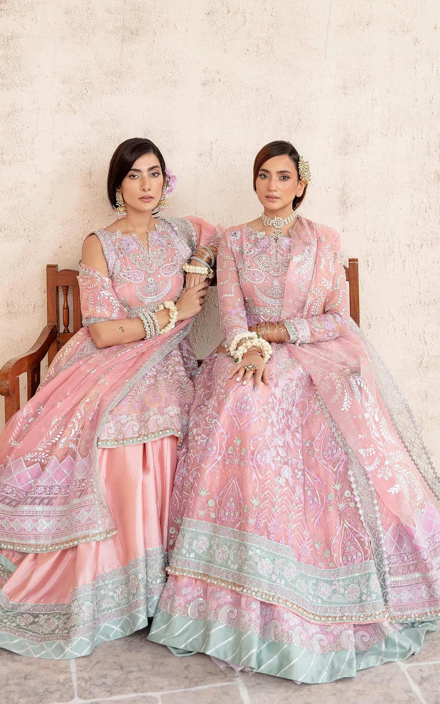 Peach Pink Pakistani Wedding Dress in Double Layered Pishwas Style