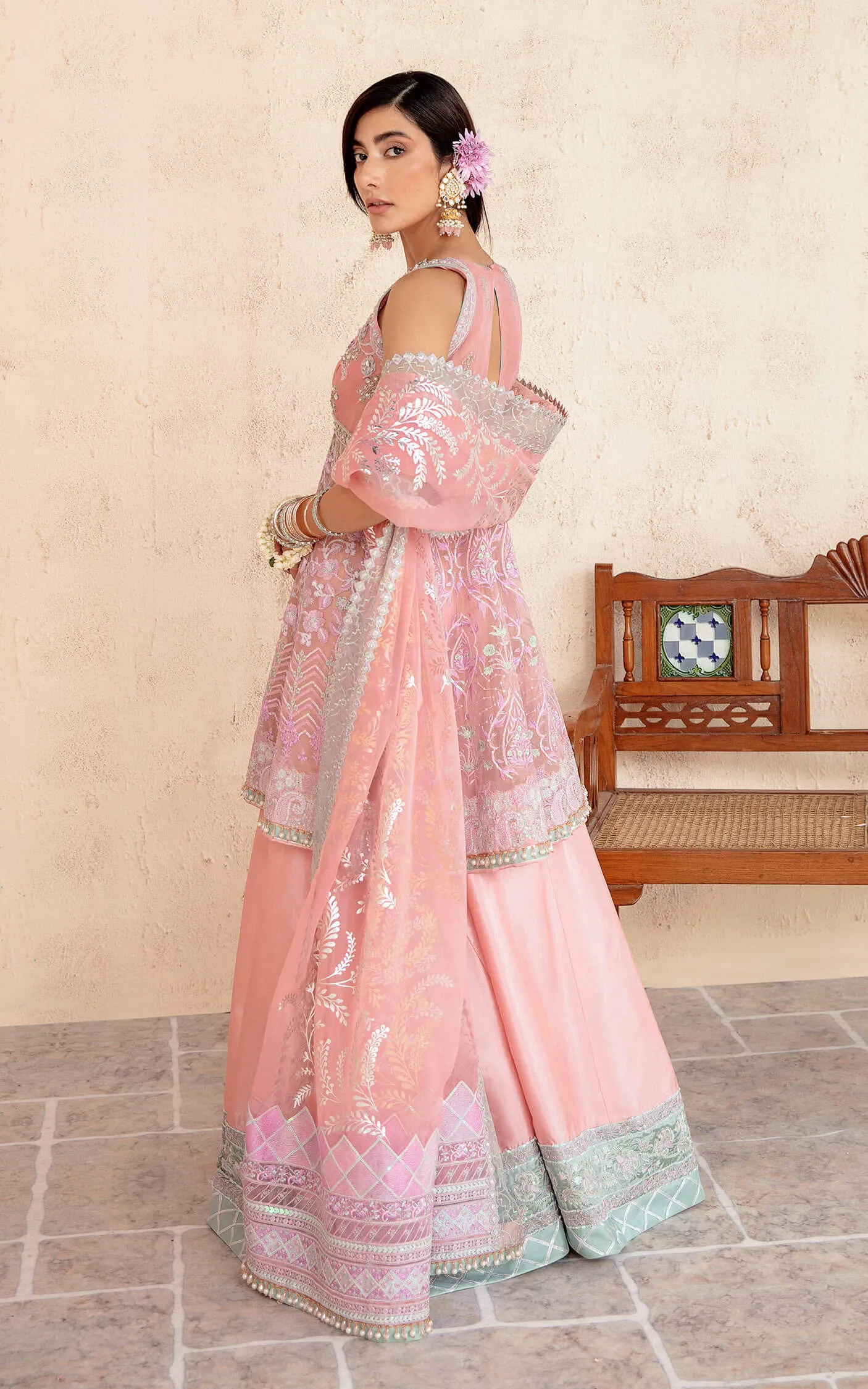 Peach Pink Pakistani Wedding Dress in Double Layered Pishwas Style