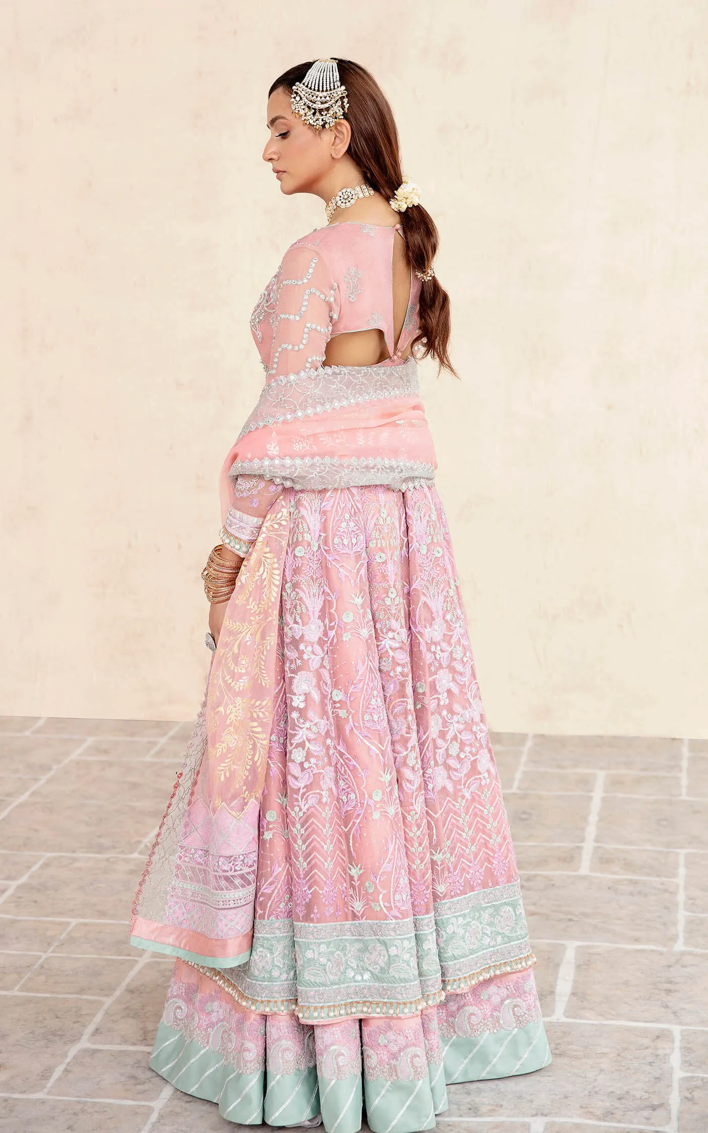 Peach Pink Pakistani Wedding Dress in Double Layered Pishwas Style