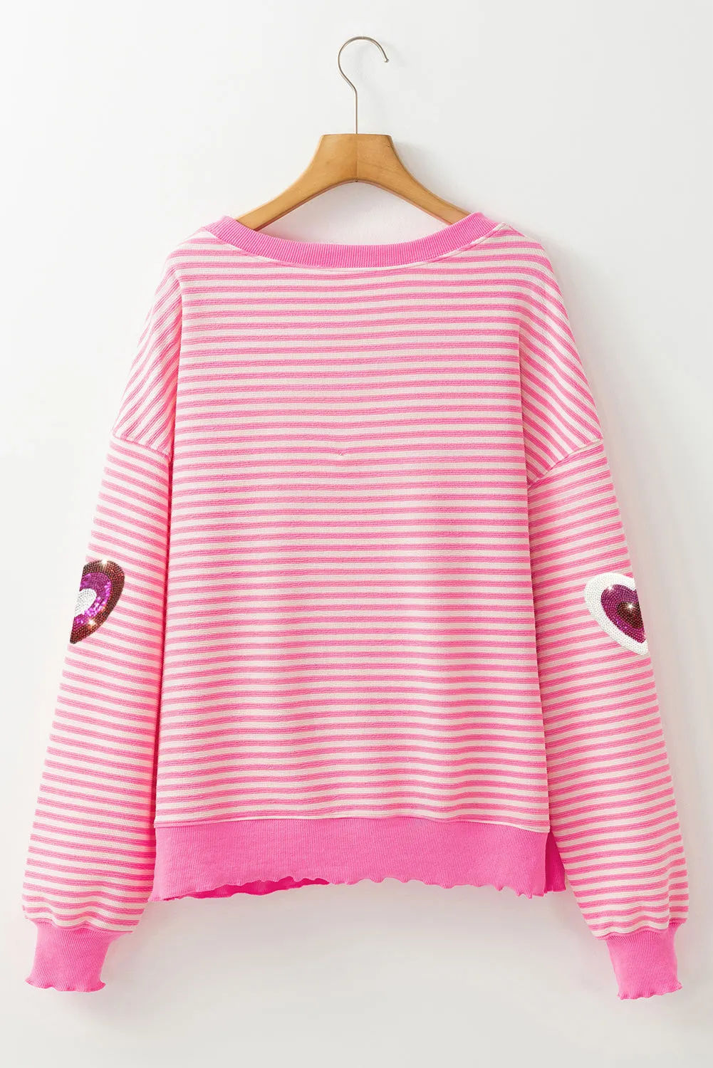Pink Stripe Sequin Heart Patched Pattern Long Sleeve Valentines Top