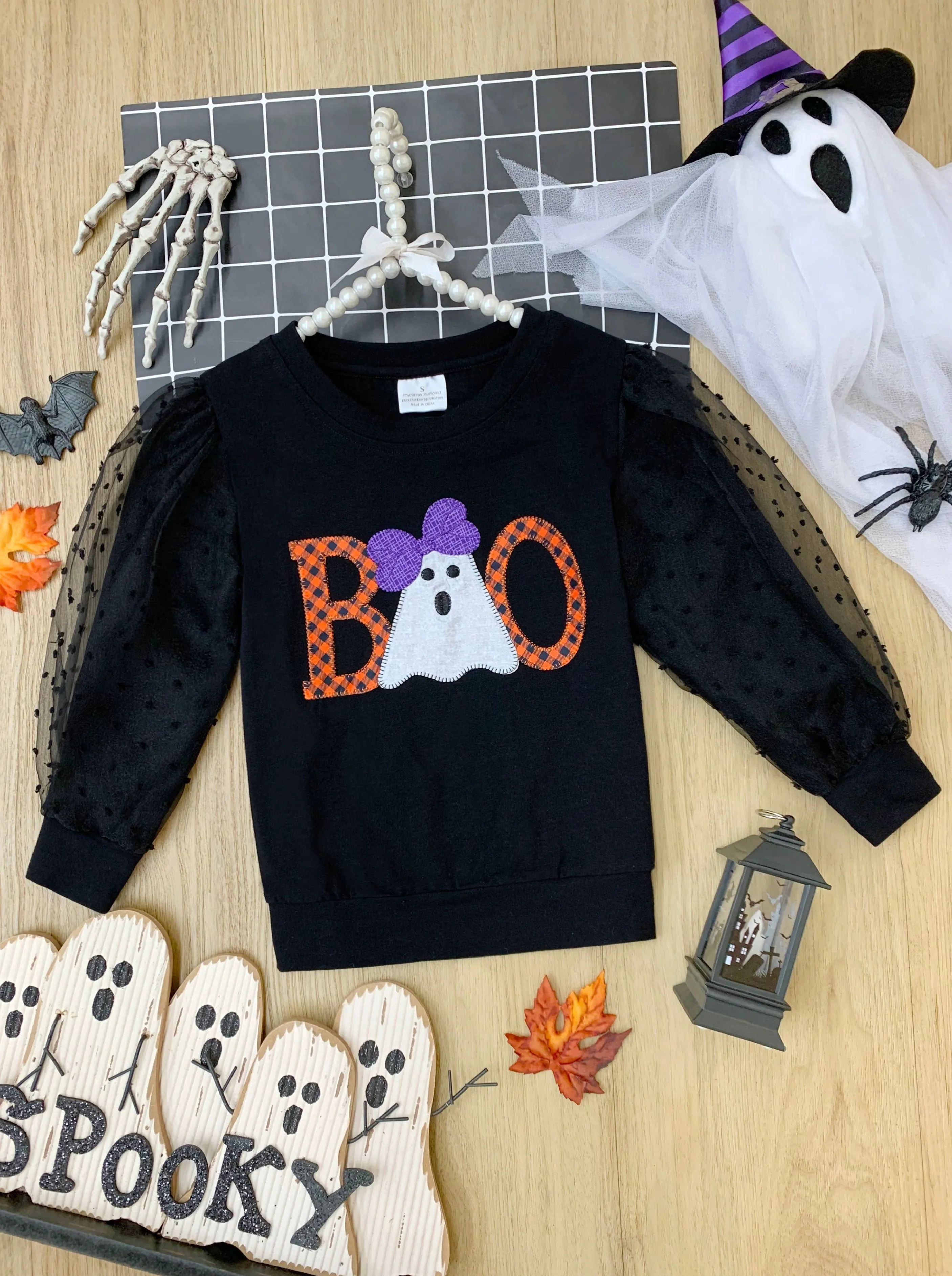Polka Dot Boos Tulle Sleeve Sweater